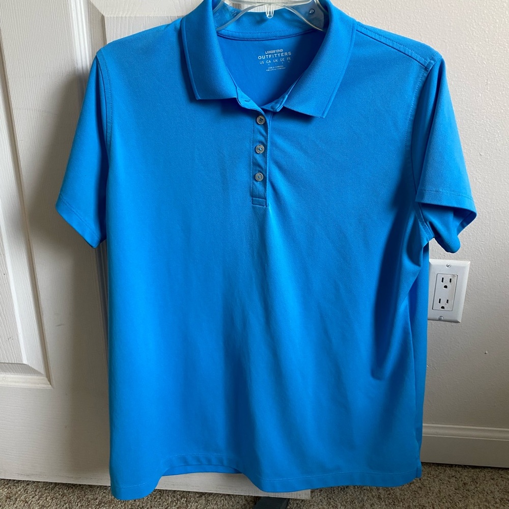 Womens Lands End blue polo shirt. Lightly worn, comfort fit, 100 % polyester.